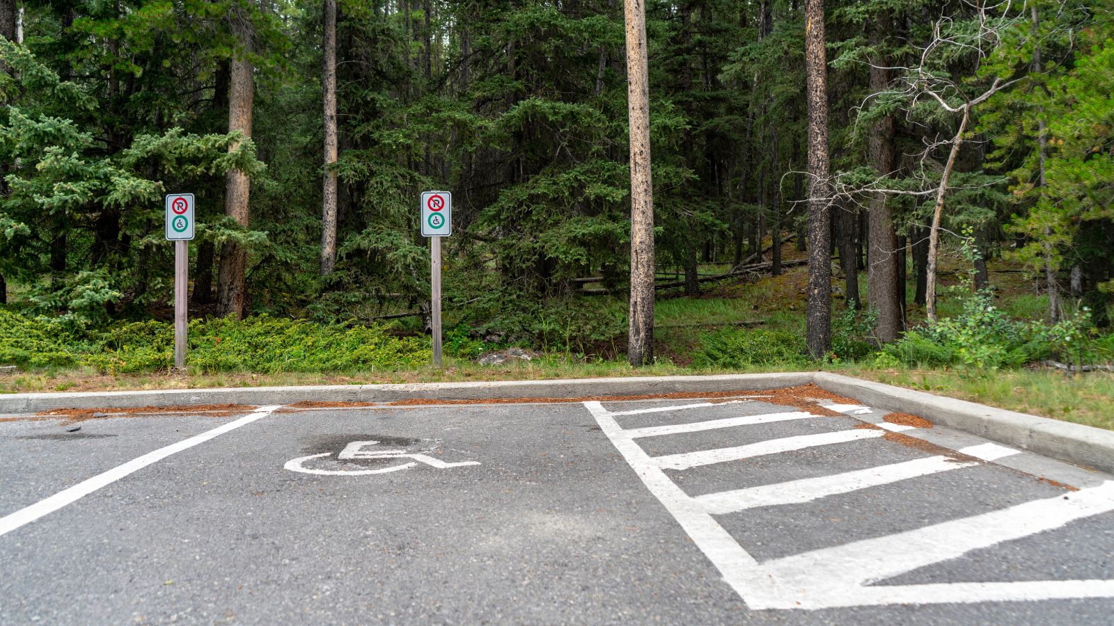 Wheelchair Accessible Parking spot for wheelchair van. With forest in background in Banff National Park.