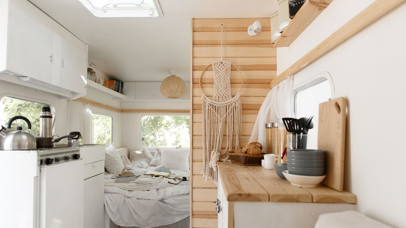 Camping in trailer, rv kitchen and bedroom, nobody