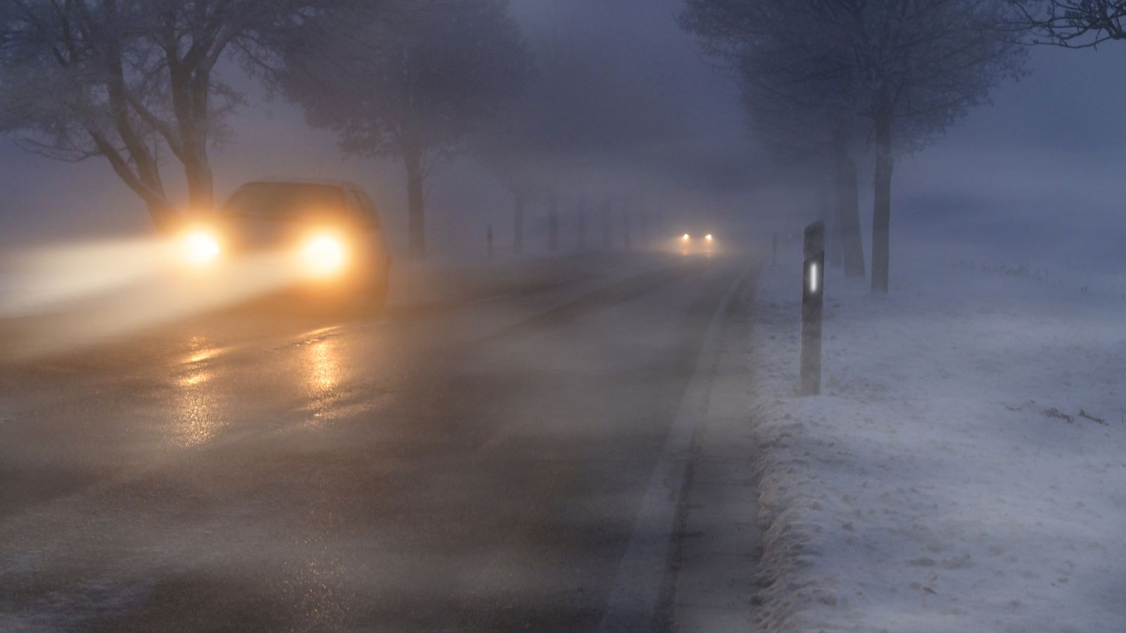 Cars in winter in fog and poor visibility