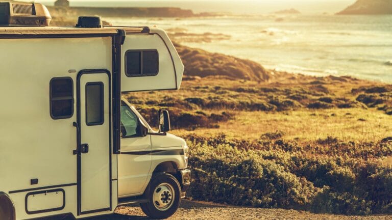Class C Motorhome Camper Van in Front of Cambria California Pacific