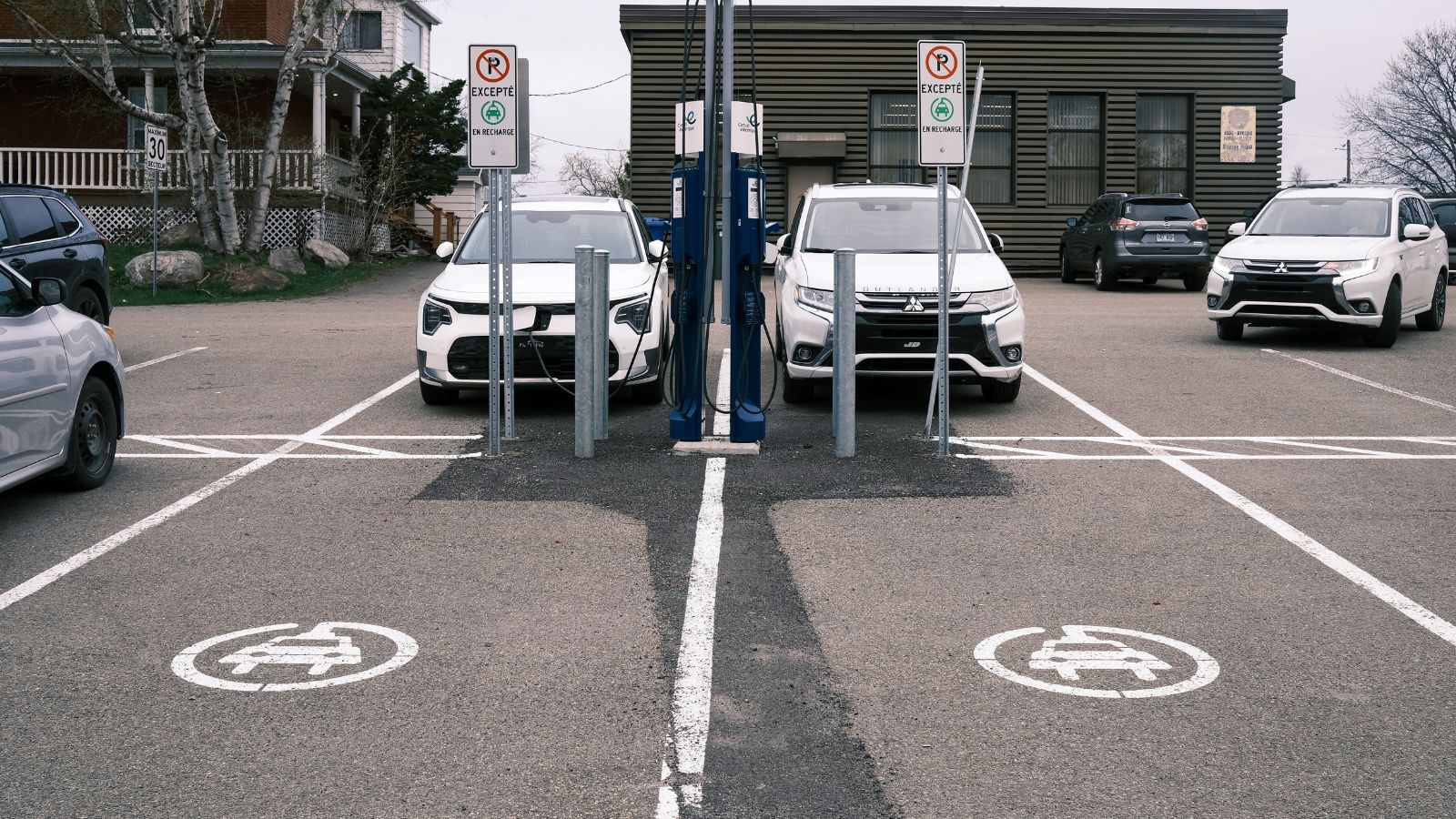 Quebec, Canada - 05-08-2025: Electric car parking. Electric car charging station in Quebec City.