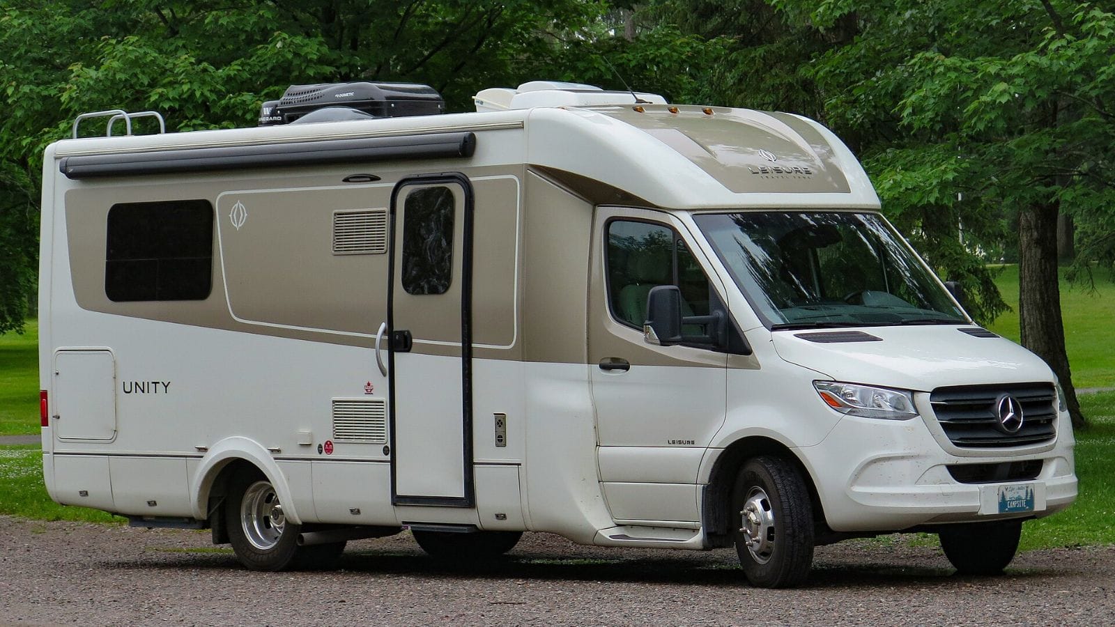 2019 Leisure Travel Vans Unity Twin Bed on Mercedes-Benz Sprinter 3500 photographed in Sault Ste. Marie, Ontario, Canada.