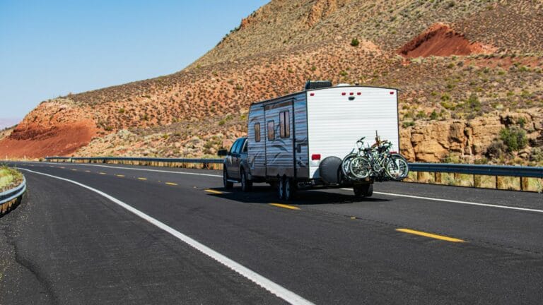 Mohave desert by Route 66. RV Camping, Camper Van on road