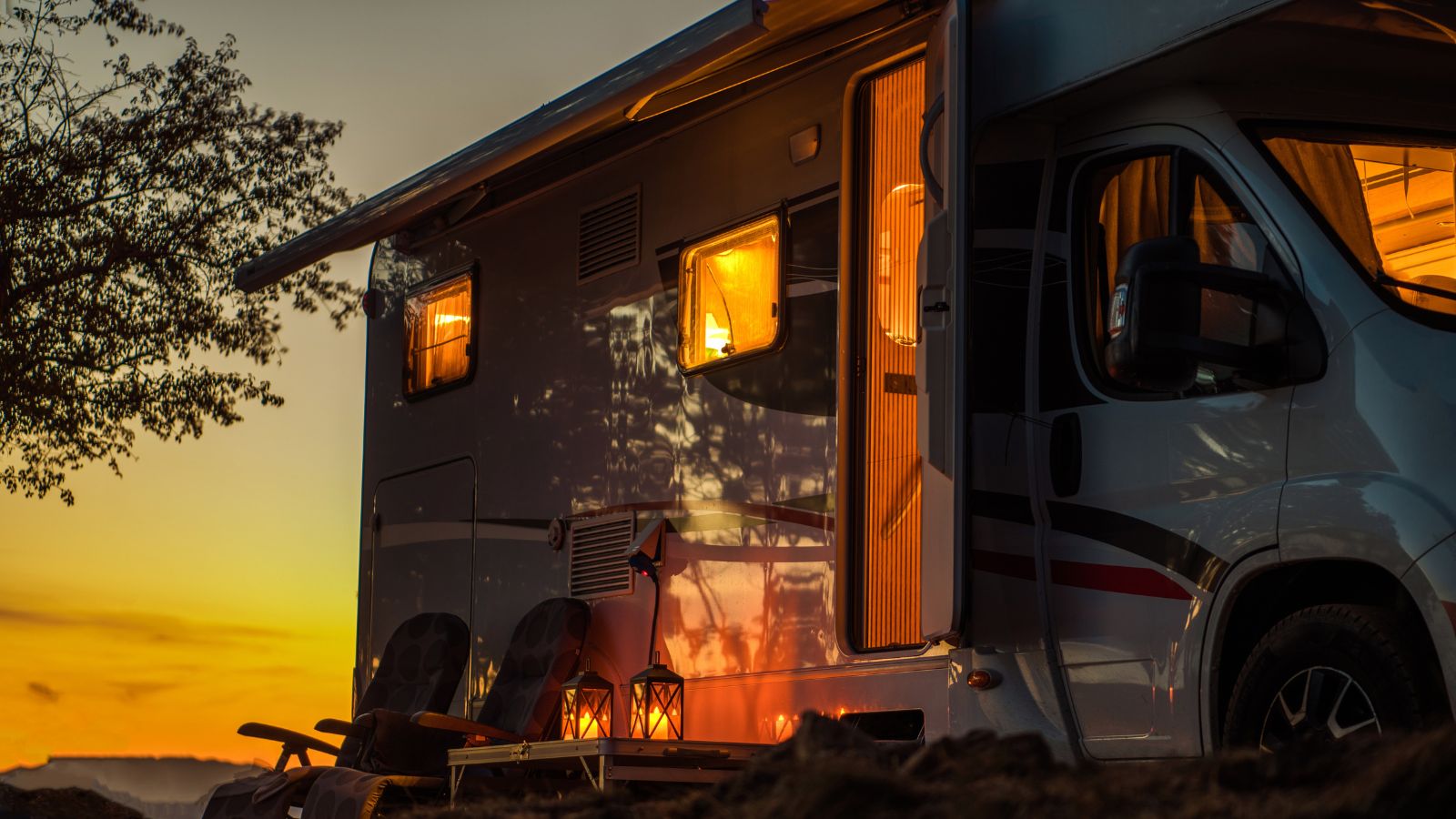 Scenic RV Camping Spot During Sunset. Class C Motorhome Camper Van