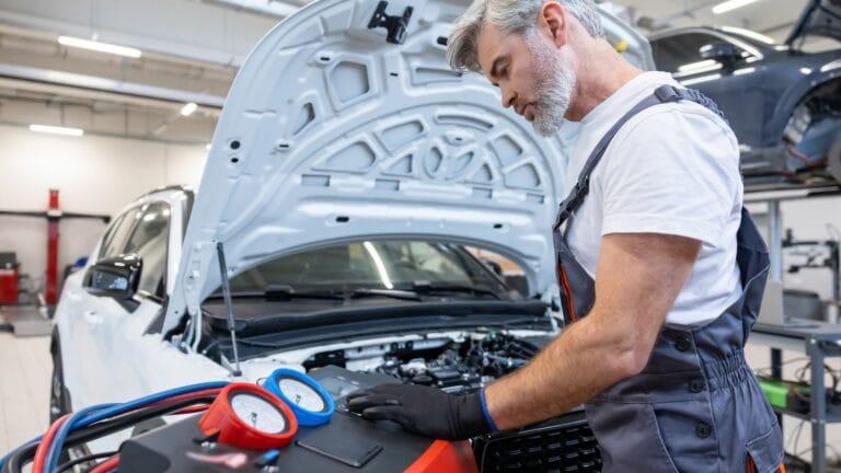 service shop using tool inspecting air conditioner device