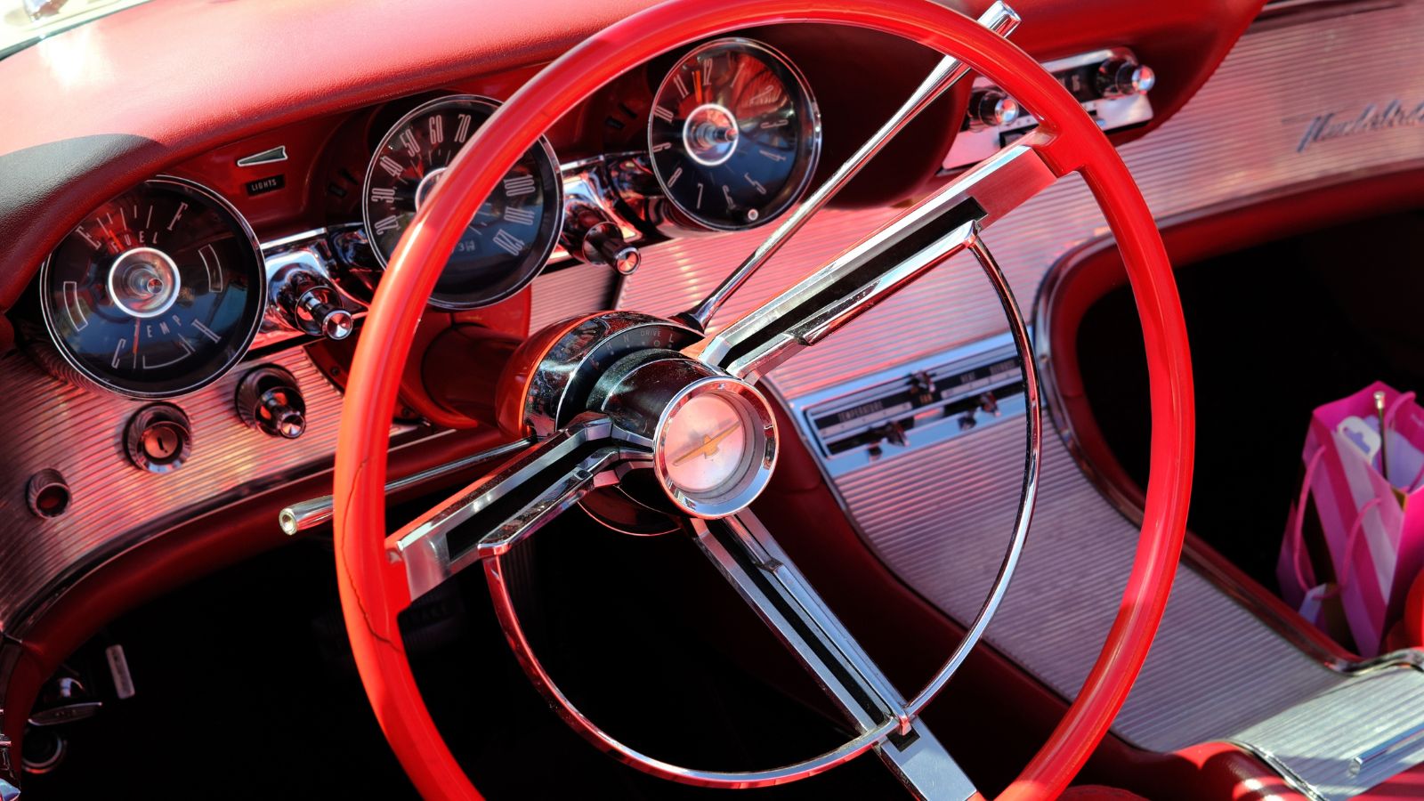 steering wheel and gear shift lever in a 1960's Ford Thunderbird