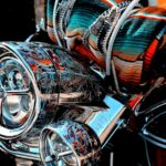 Custom colorful motorcycle with chrome headlights and wrapped up blanket