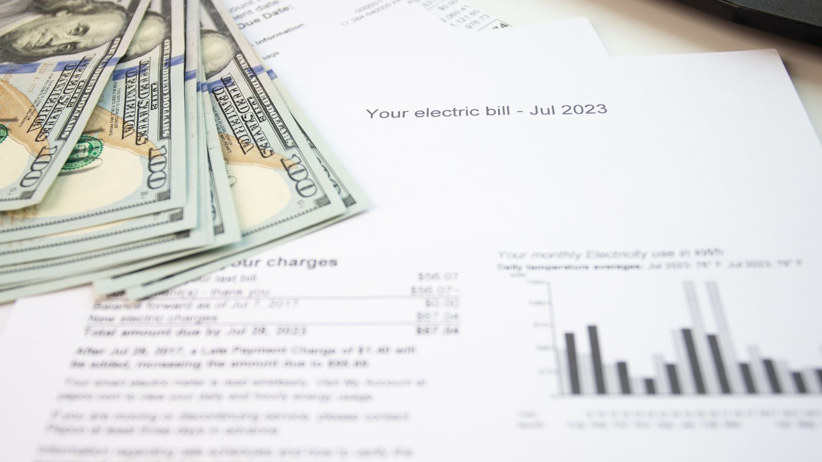 Energy bill with dollars money, Electricity and gas charges