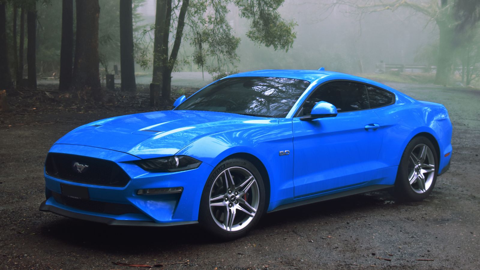 Model Ford GT Mustang pony car, powerful V8 5.0 ltr engine, bright Grabber Blue