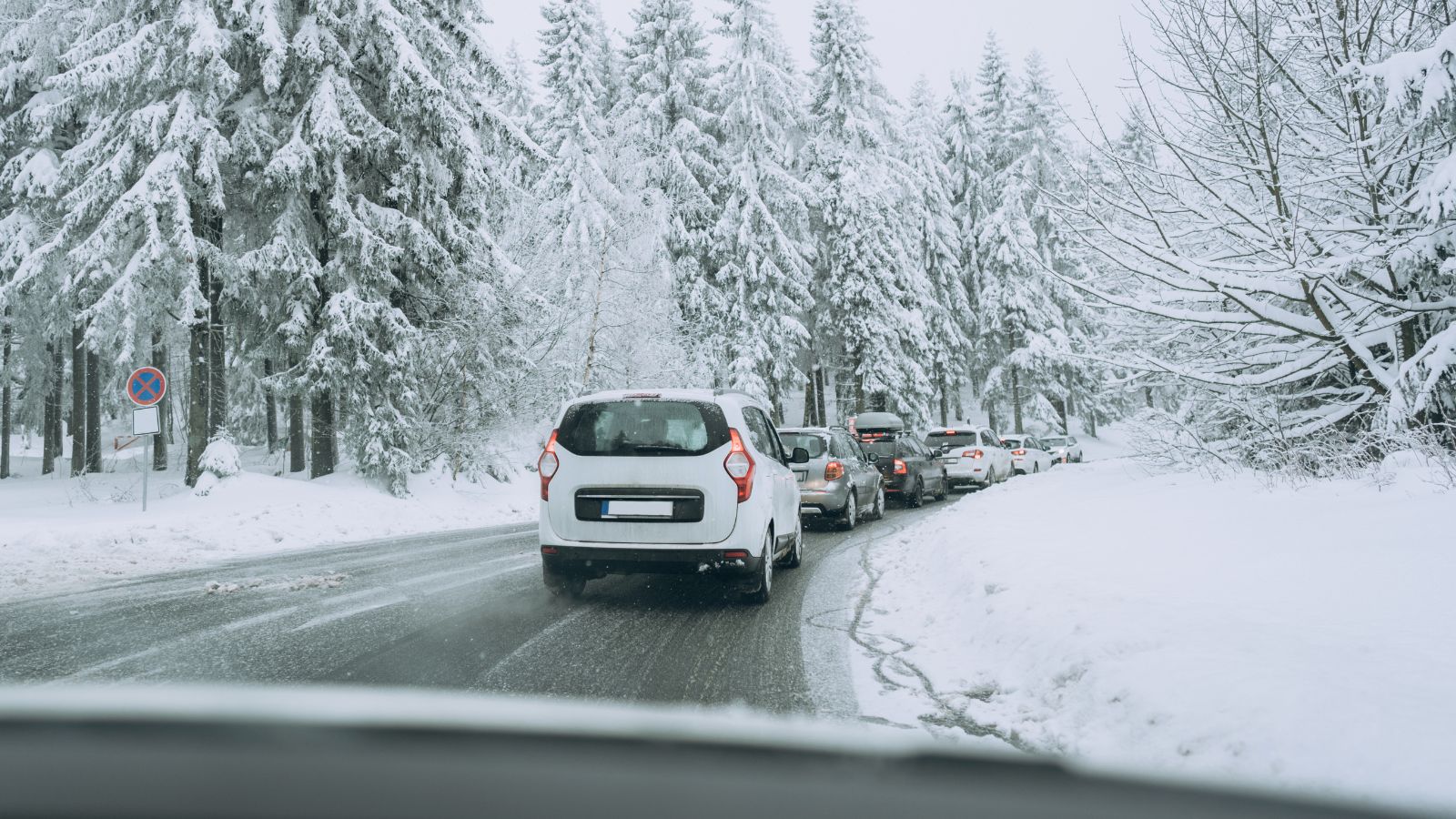 Traffic jam on a snow-covered road