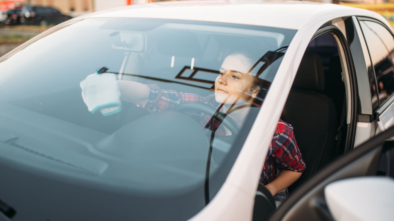 Woman wipes windshield of car from the inside