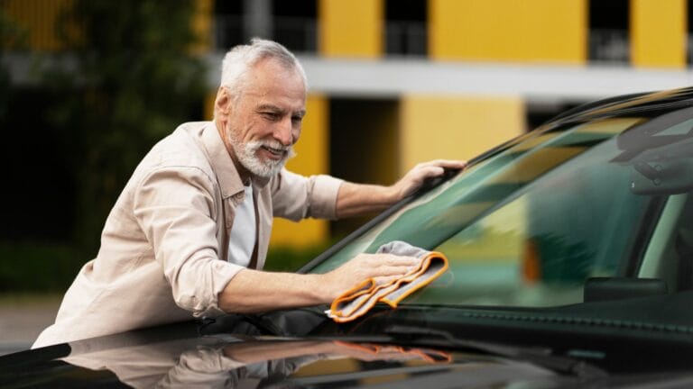 cleaning his car windshield