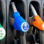 gas station dispensing B10 Diesel (yellow), B7 Diesel (orange), E85 super ethanol petrol (blue) and E10 petrol (green