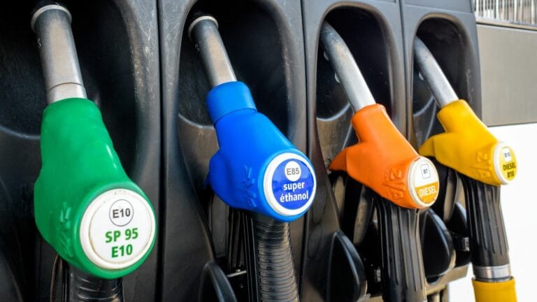 gas station dispensing B10 Diesel (yellow), B7 Diesel (orange), E85 super ethanol petrol (blue) and E10 petrol (green