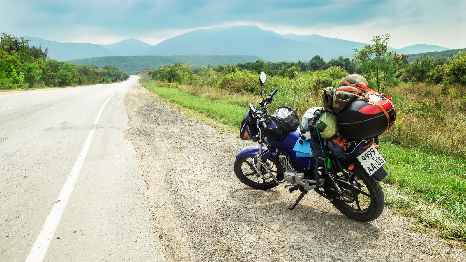 motorcycle with camping equipment